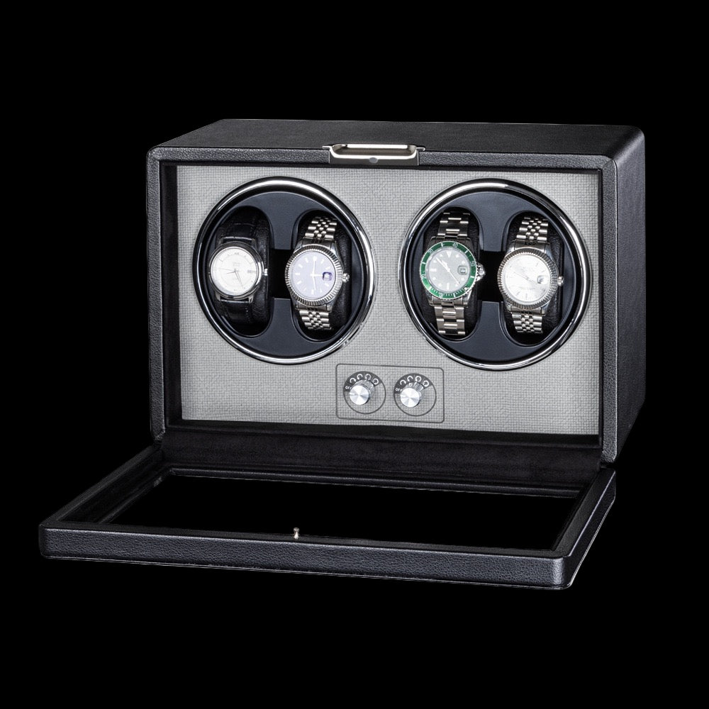 Modern quad watch winder in black leather finish with open drawer – Wrist&Wind
