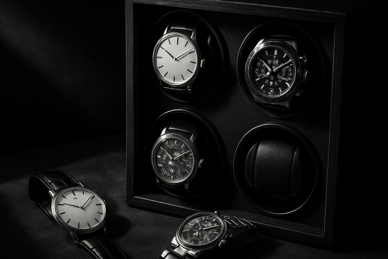 black and white image related to watch winders and watches 